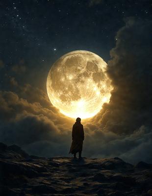 The primary subject of the image is a man standing on a rocky hill at night, looking up at the moon. The setting is a dark, cloudy sky, with the moon being the main focus of the scene. The visual style is a digital art, creating a dramatic and atmospheric scene. The colors are predominantly dark, with the moon being the brightest point in the sky, and the man's clothing is likely to be dark as well to contrast with the night sky.